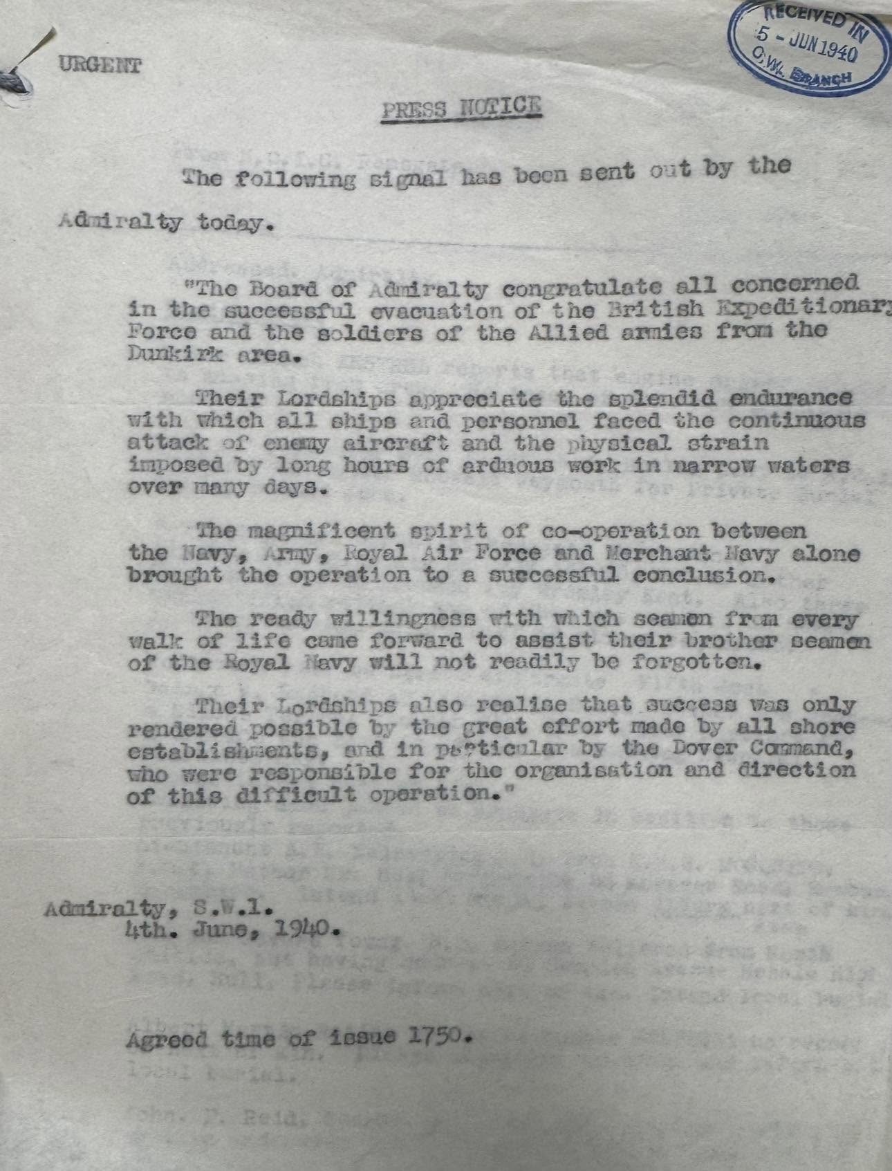 Admiralty Press Notice: Operation Dynamo