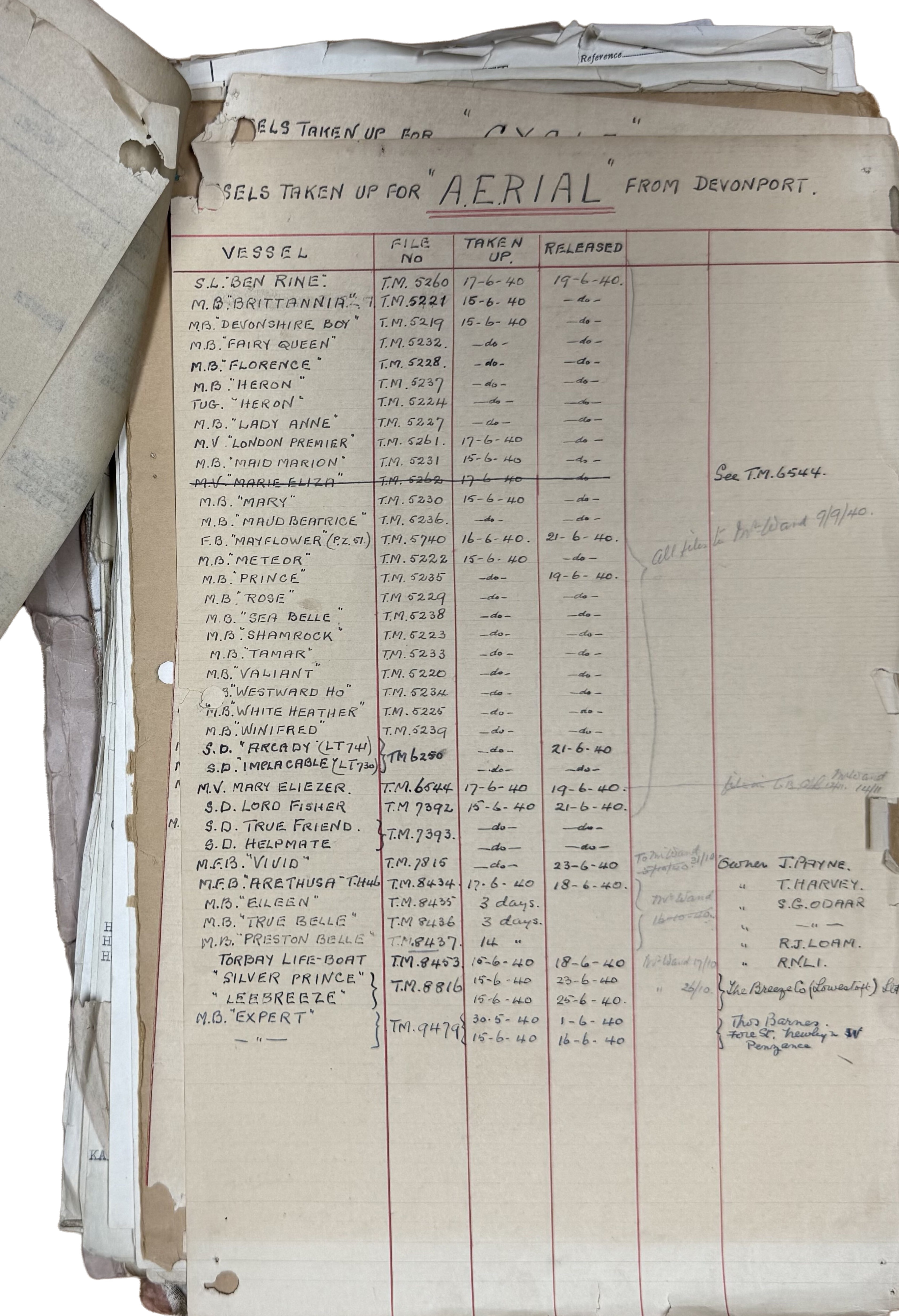 Vessels taken up for Operation Aerial from Devonport, The National Archives, MT 40/36, page 25.