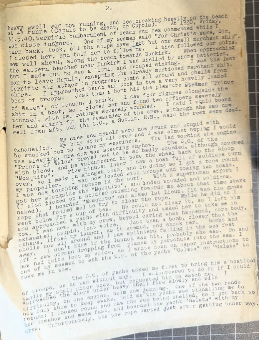 Original page 2 of Lt. R. N. Irving’s La Panne and Dunkirk launch account.