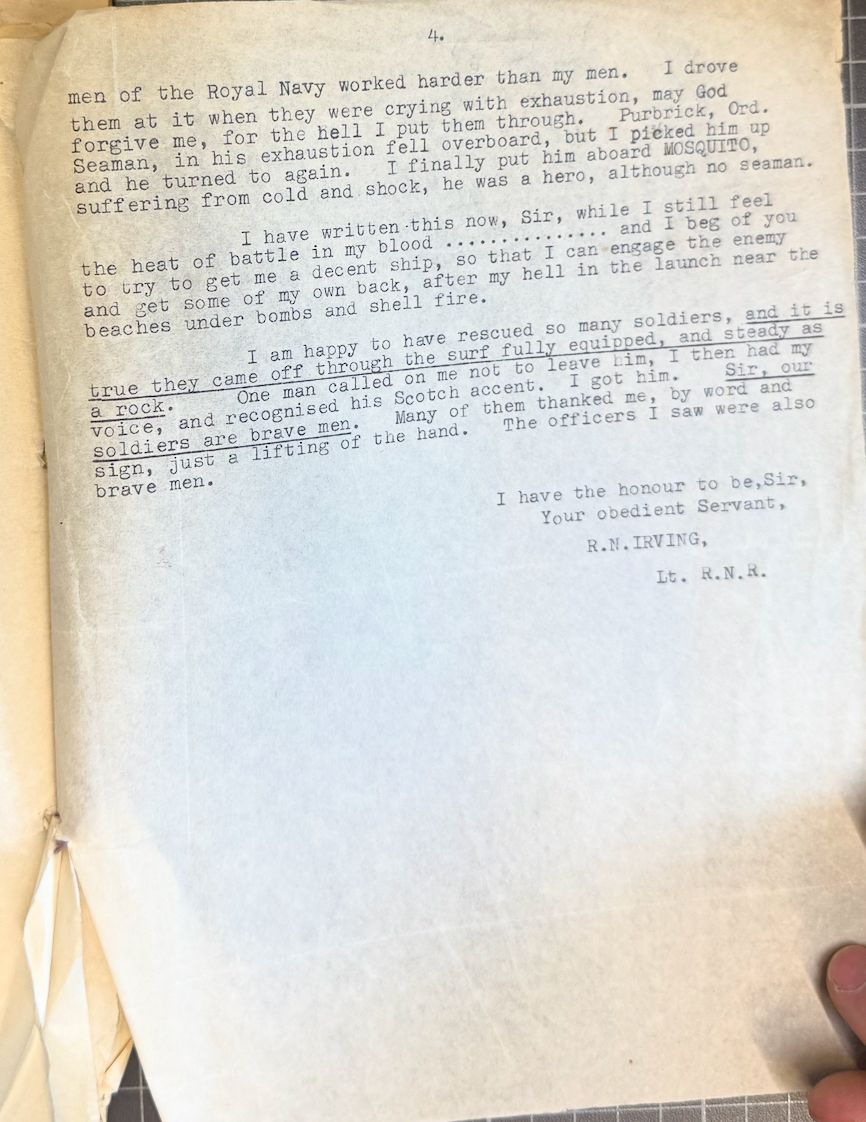 Original page 4 of Lt. R. N. Irving’s La Panne and Dunkirk launch account.