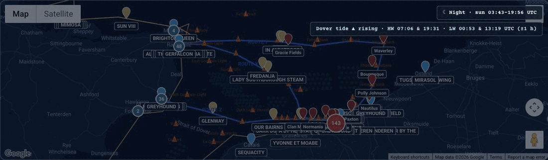 Interactive Operation Dynamo map showing evacuation routes X, Y and Z across the Channel between Ramsgate, Dover and Dunkirk with ship movements, minefields and loss positions